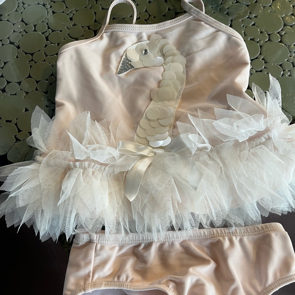 Orig $60 Biscotti designer 18 month girls 2-pc bikini - pink with swan like new